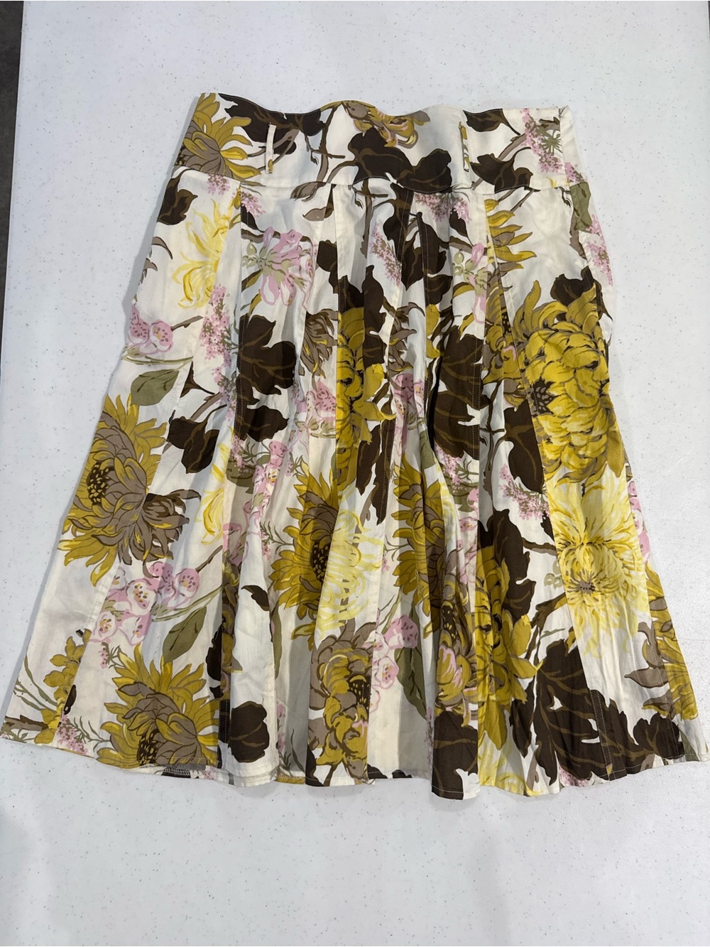 Grace Elements Floral Pleated Midi Skirt in Yellow, Brown and Cream